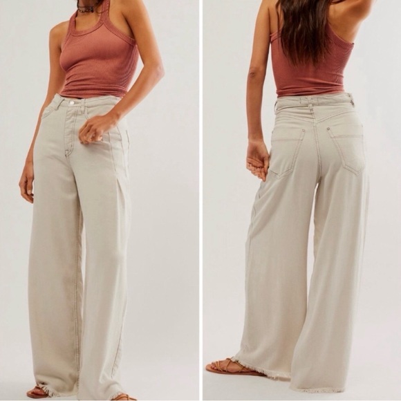 We The Free Pants - Free People We The Free Old West Slouchy Wide Leg Soft Jeans, Cream, size 27